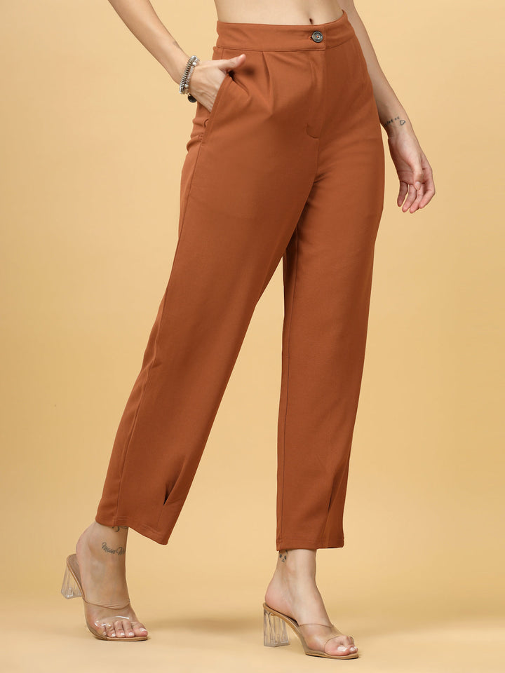 Women Rust Regular Fit Mid-Rise Parallel Trousers