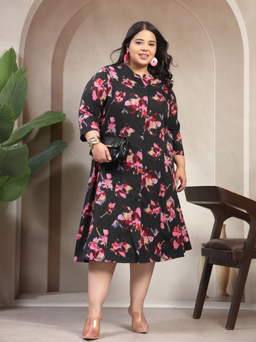 Plus Size Women Black Printed A-Line Dress