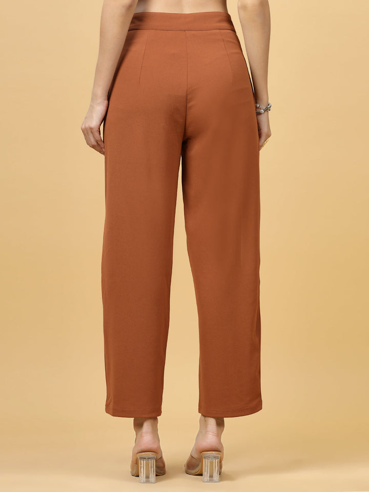 Women Rust Regular Fit Mid-Rise Parallel Trousers