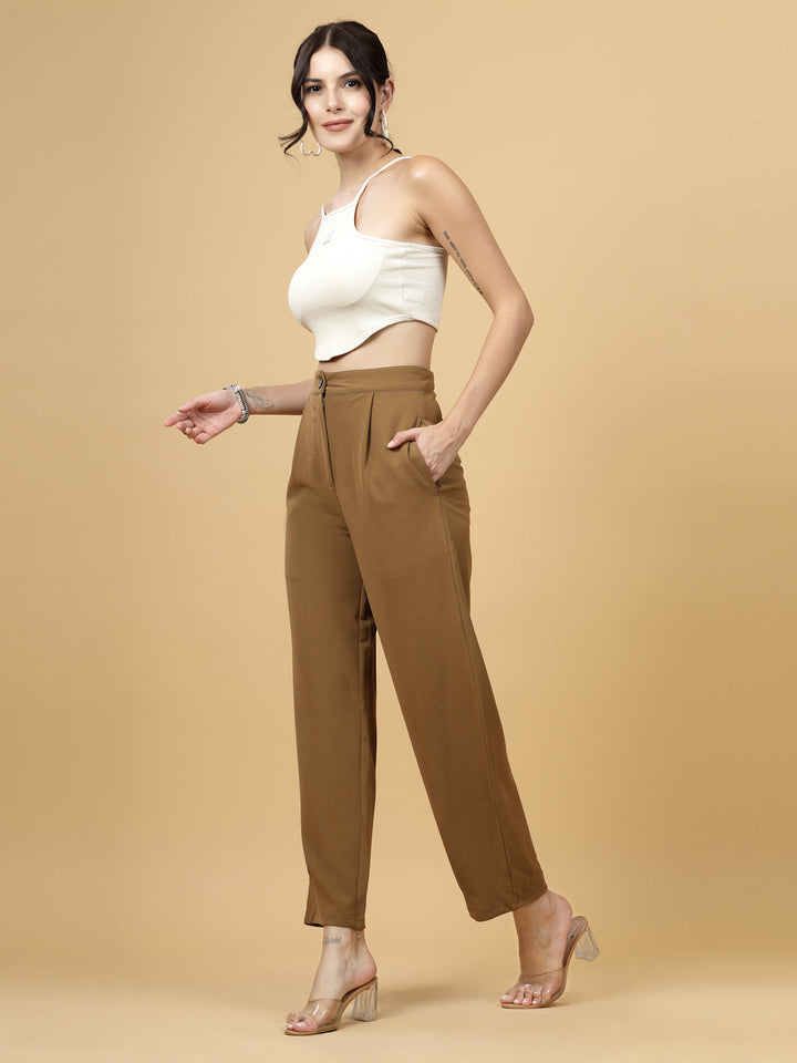 Women Brown Regular Fit Mid-Rise Parallel Trousers