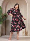 Plus Size Abstract Printed Puff Sleeve Midi Dress