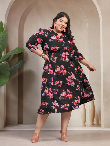 Plus Size Abstract Printed Puff Sleeve Midi Dress