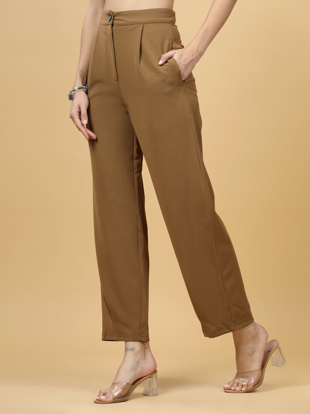 Women Brown Regular Fit Mid-Rise Parallel Trousers