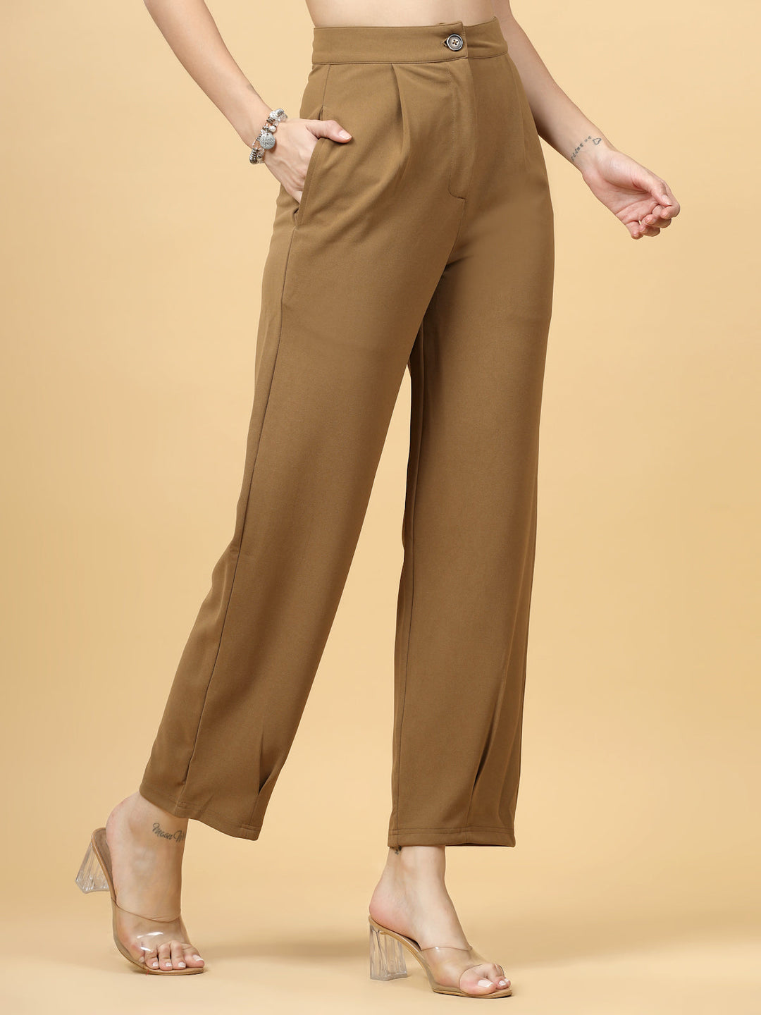 Women Brown Regular Fit Mid-Rise Parallel Trousers