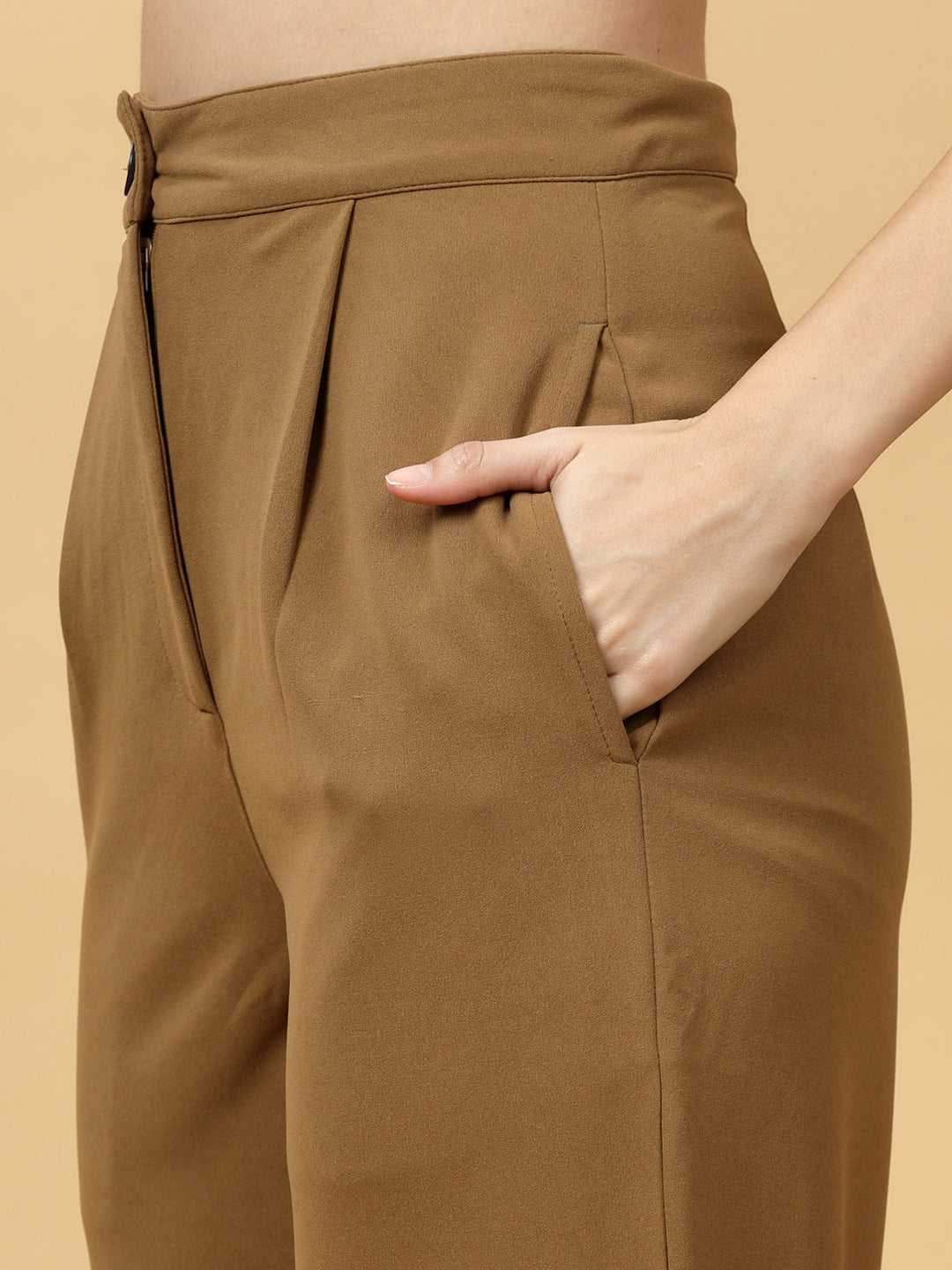 Women Brown Regular Fit Mid-Rise Parallel Trousers