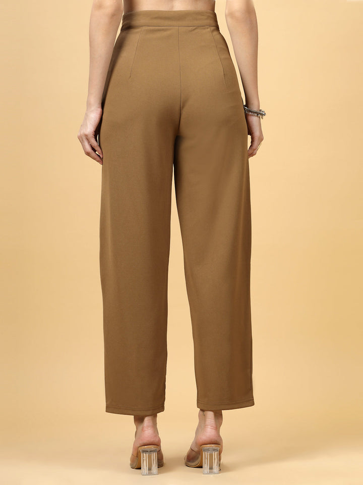 Women Brown Regular Fit Mid-Rise Parallel Trousers