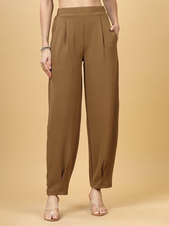 Women Brown Regular Fit Mid-Rise Pleated Trousers