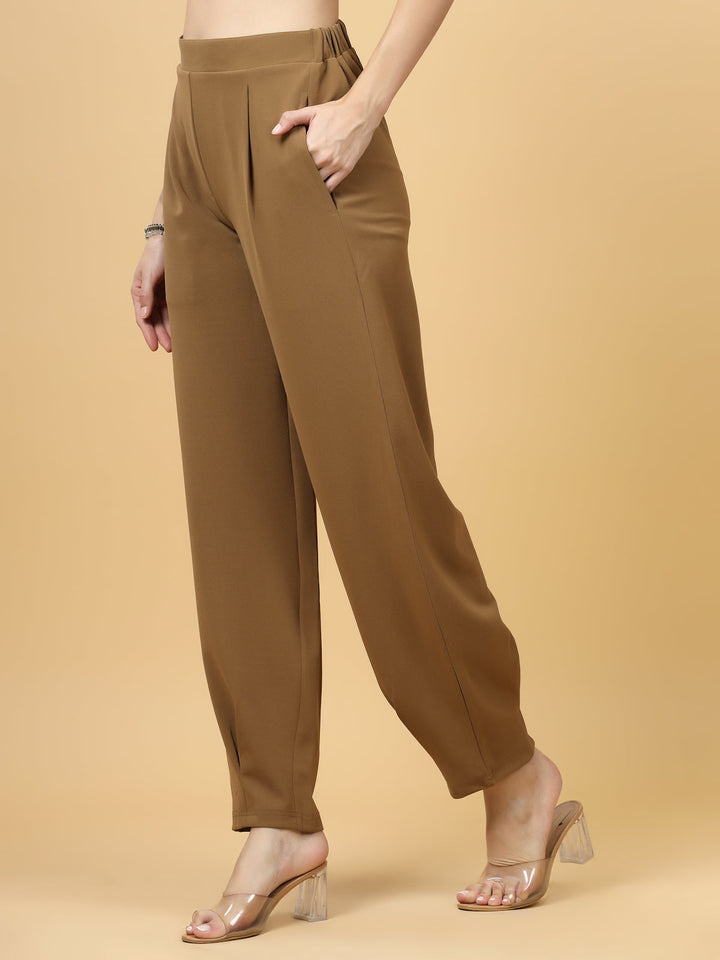 Women Brown Regular Fit Mid-Rise Pleated Trousers