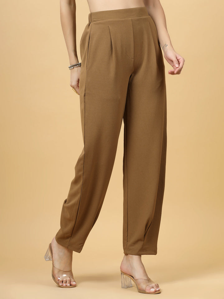 Women Brown Regular Fit Mid-Rise Pleated Trousers