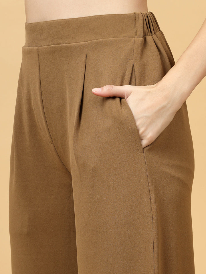 Women Brown Regular Fit Mid-Rise Pleated Trousers