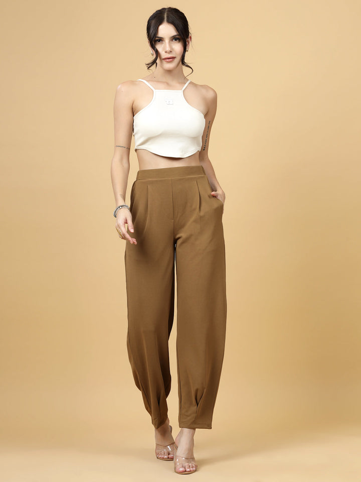 Women Brown Regular Fit Mid-Rise Pleated Trousers