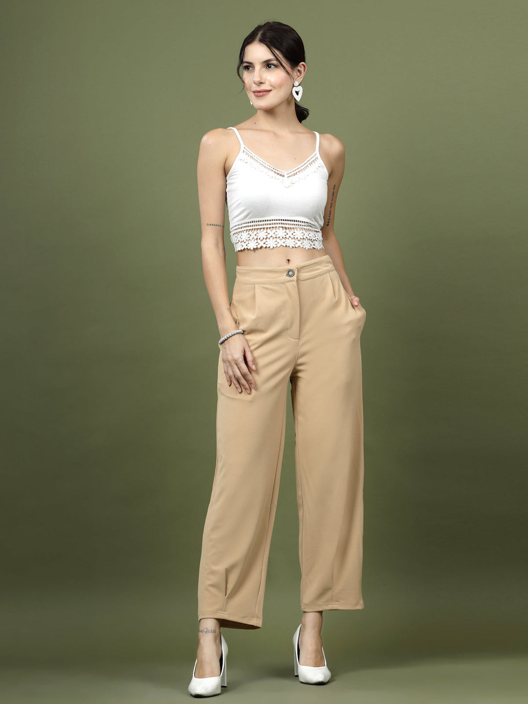 Women Nude Regular Fit Mid-Rise Parallel Trousers