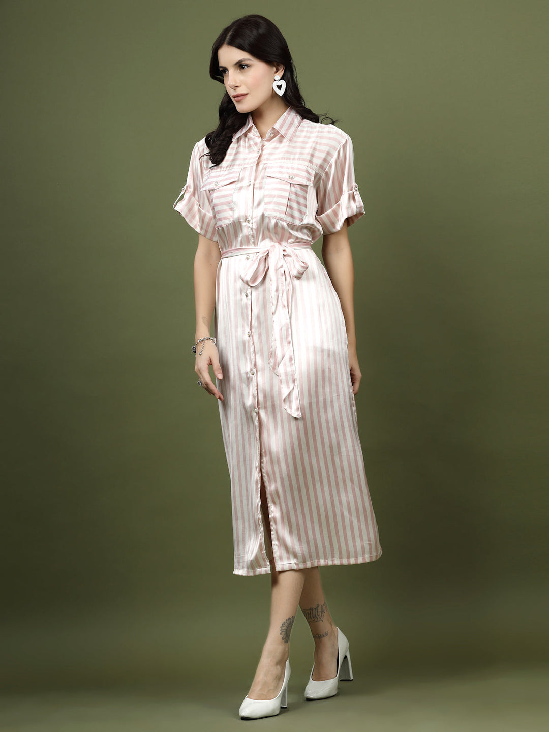 Shirt Collar Short Sleeves Striped Shirt Midi Dress