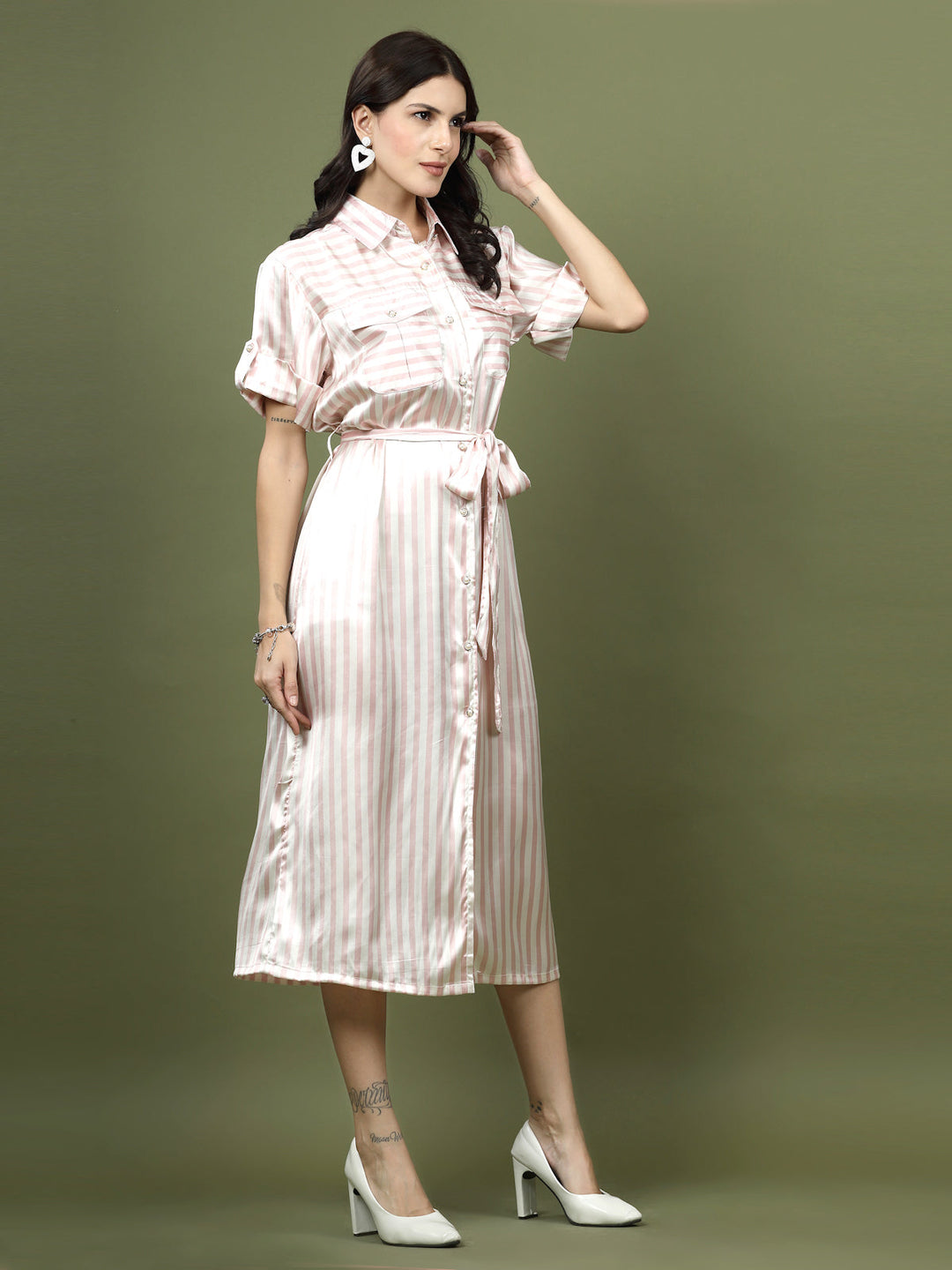 Shirt Collar Short Sleeves Striped Shirt Midi Dress