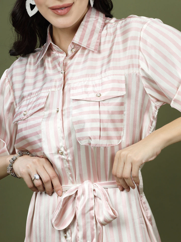 Shirt Collar Short Sleeves Striped Shirt Midi Dress