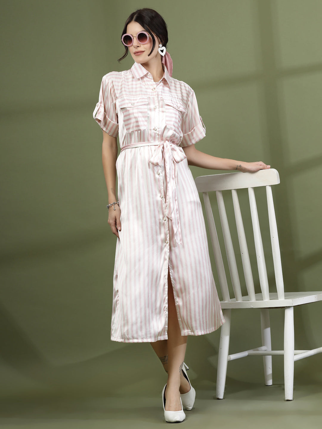 Shirt Collar Short Sleeves Striped Shirt Midi Dress