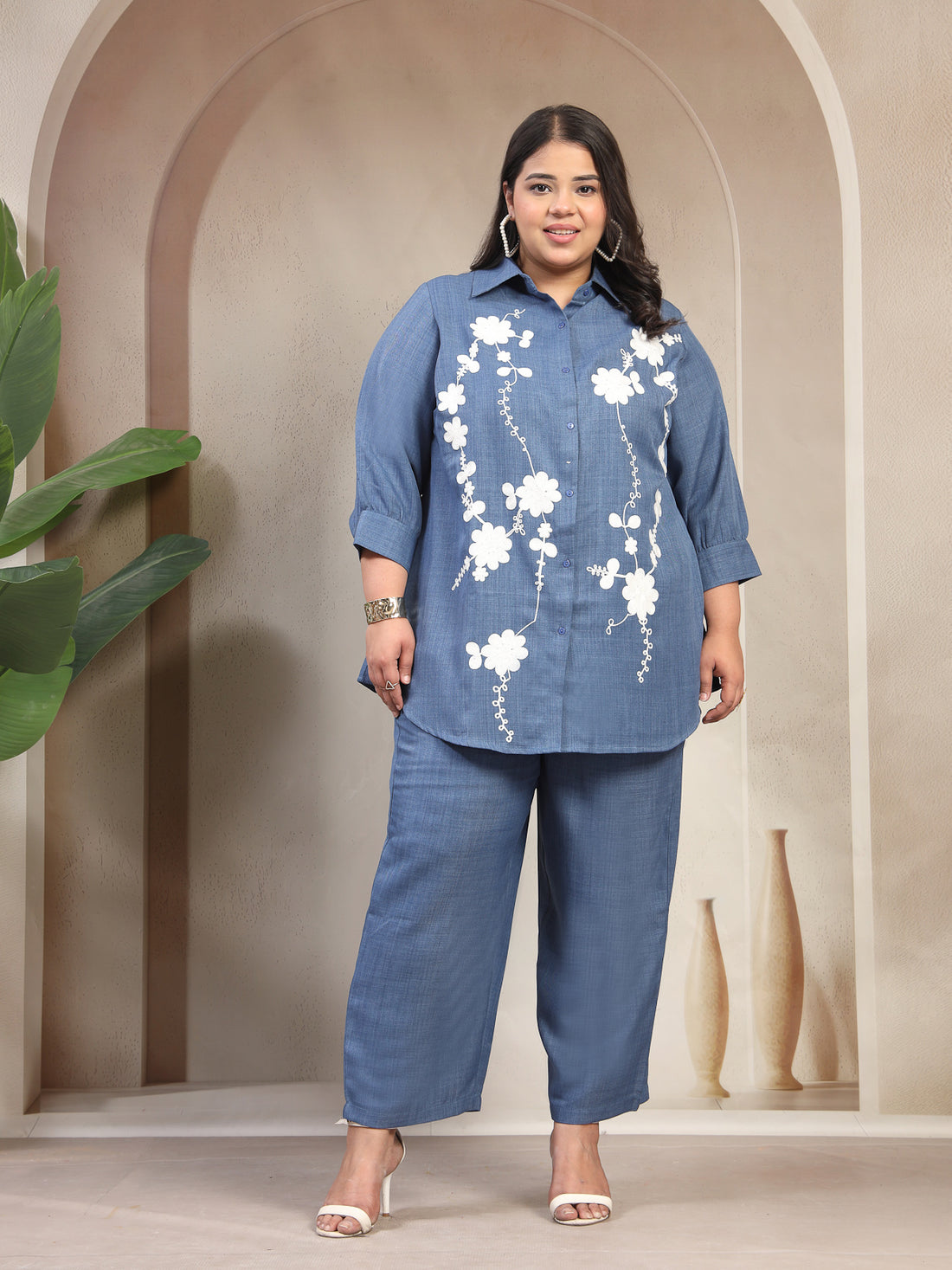 Plus Size Blue Embroidered Spread Collar Shirt & Trouser