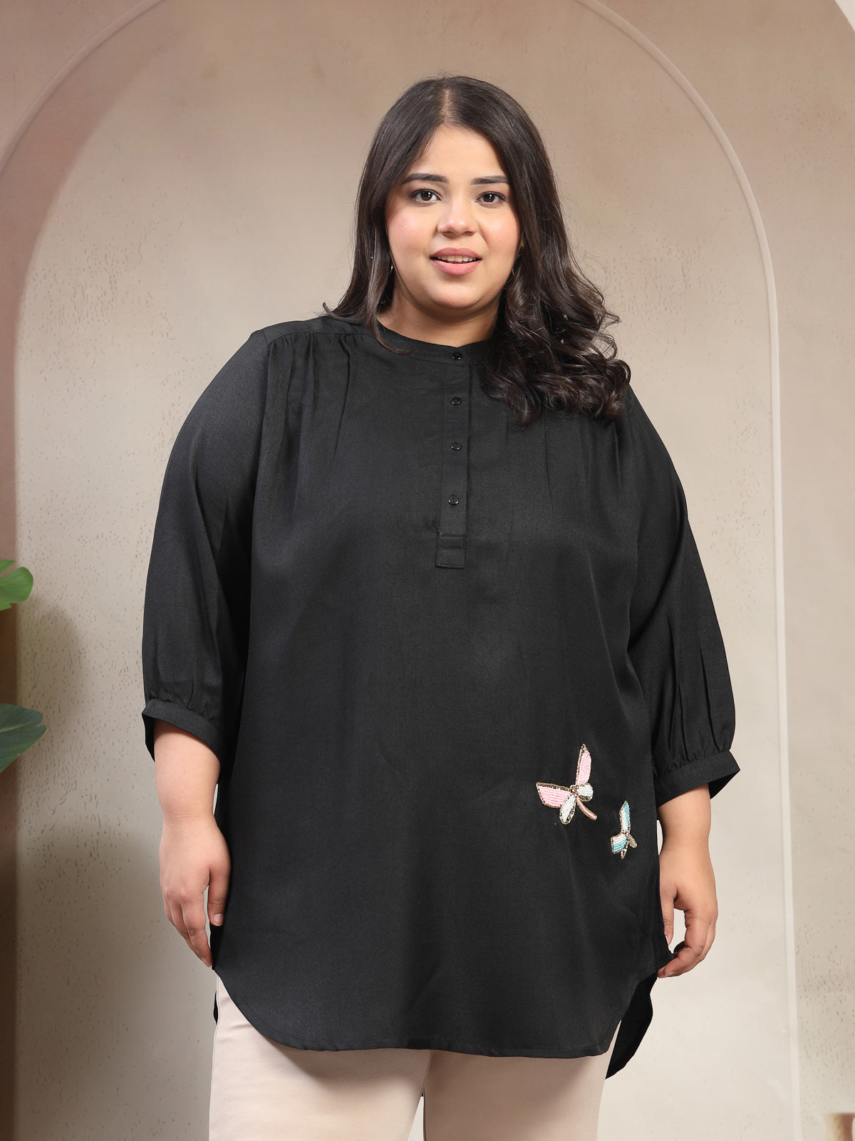 Plus Size Women Mandarin Collar Casual Top