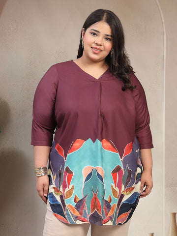 Plus Size Wine Floral Print Top