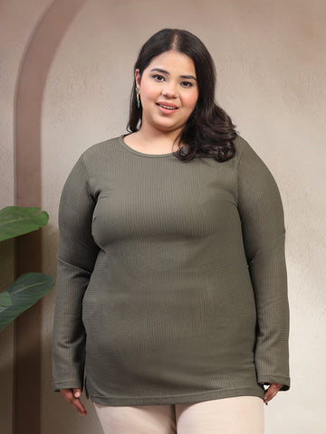 Plus Size Women Self Design Round Neck Cotton T-shirt