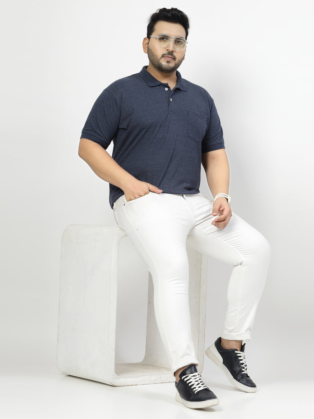 Men Plus Size Navy Blue Polo Collar T-shirt