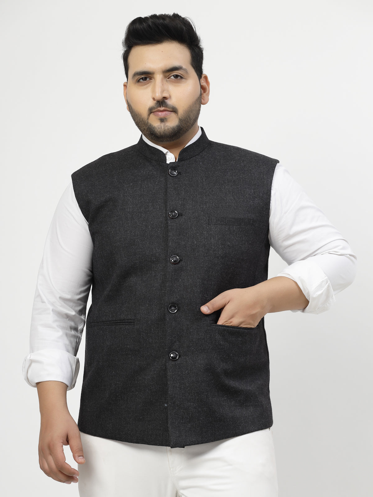 Mandarin Collar Woven Nehru Jacket