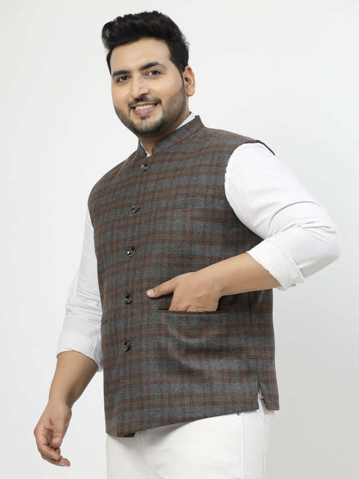 Men Brown Checked Waistcoat