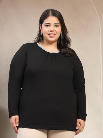 Plus Size Women Black Round Neck Cotton T-shirt