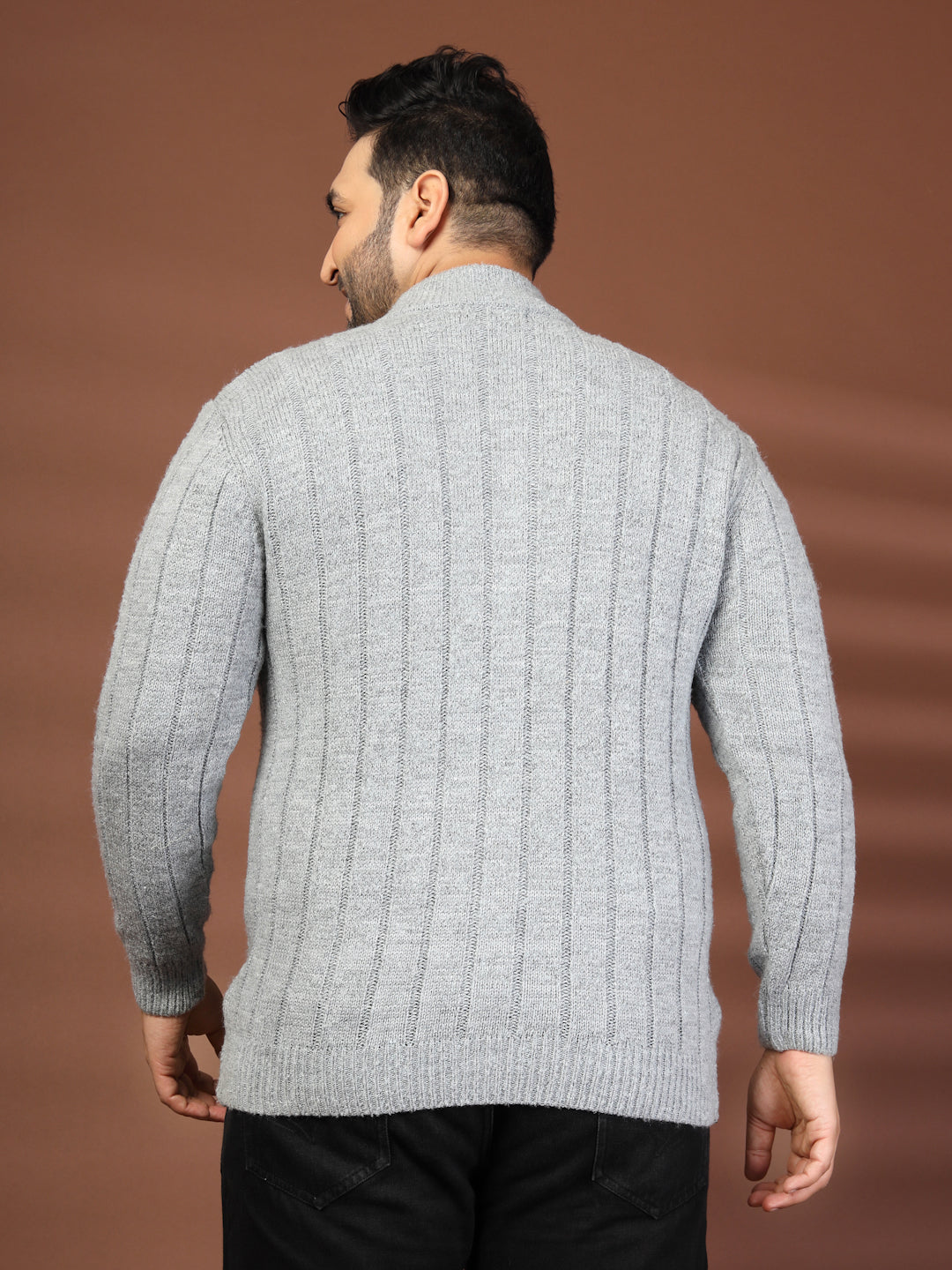 Plus Size Round Neck Long Sleeves Zip Detail Straight Front-Open Sweater