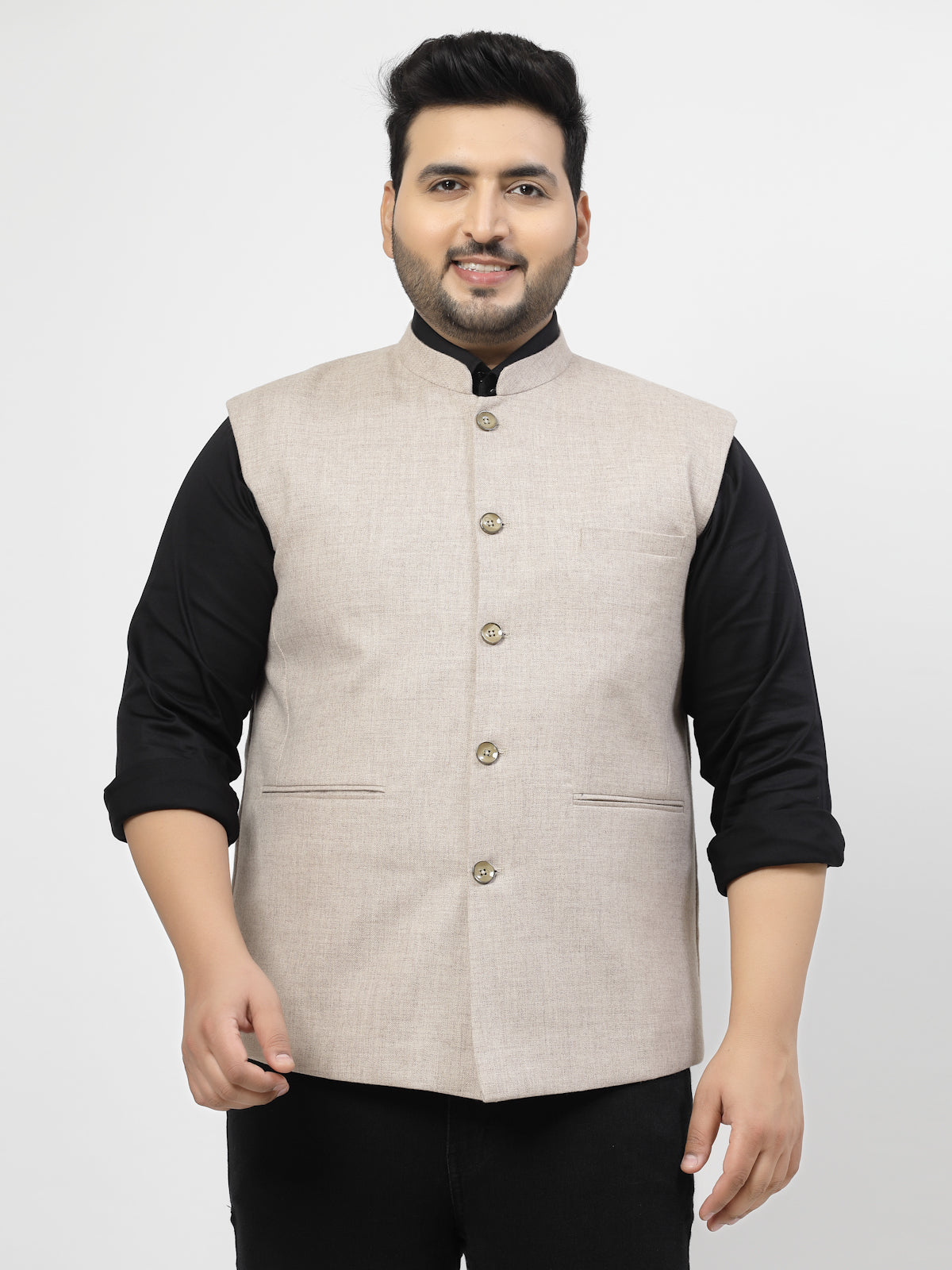 Mandarin Collar Woven Nehru Jacket