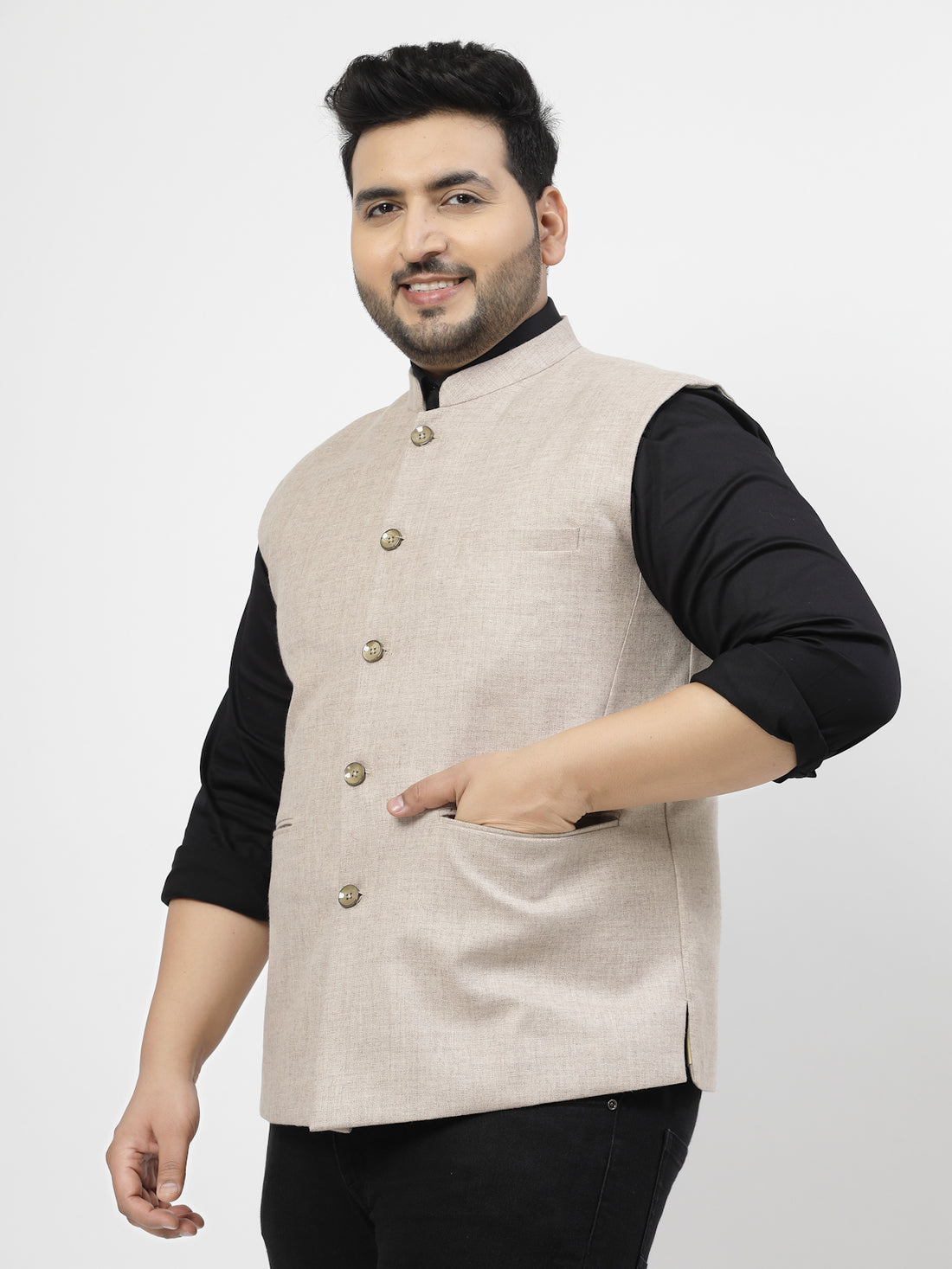 Mandarin Collar Woven Nehru Jacket