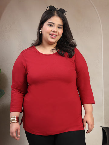 Plus Size Women Solid Round Neck Cotton T-shirt