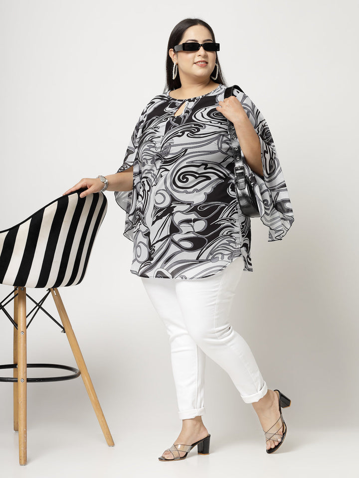 Print Keyhole Neck Flared Sleeve Top