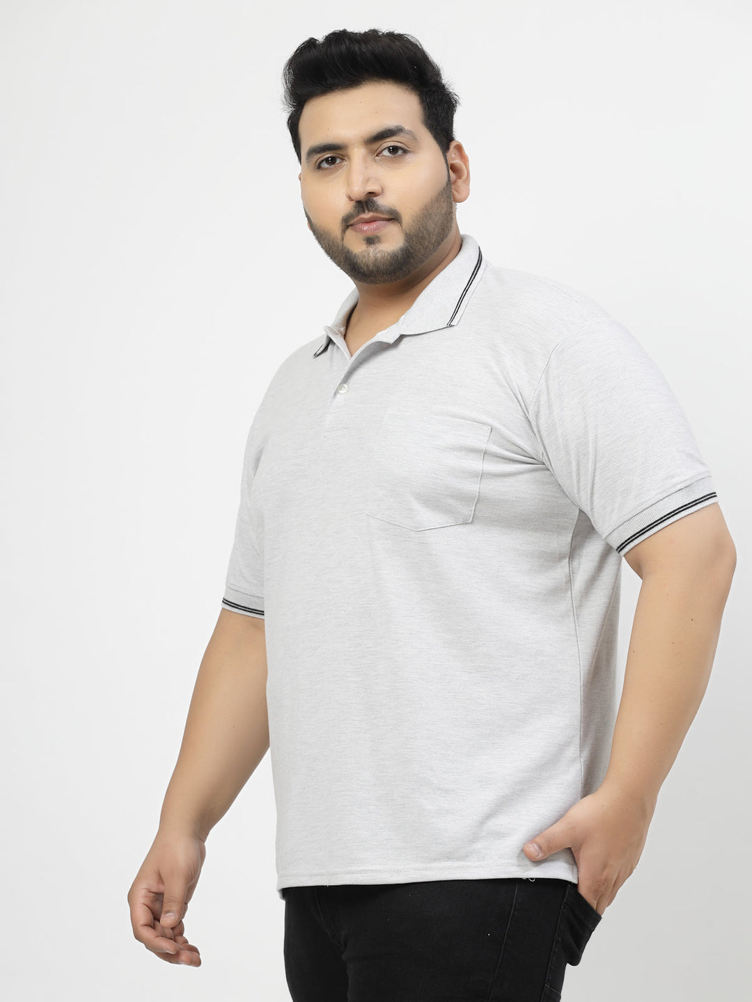 Plus Size Men Grey Solid Polo Collar Cotton T-shirt