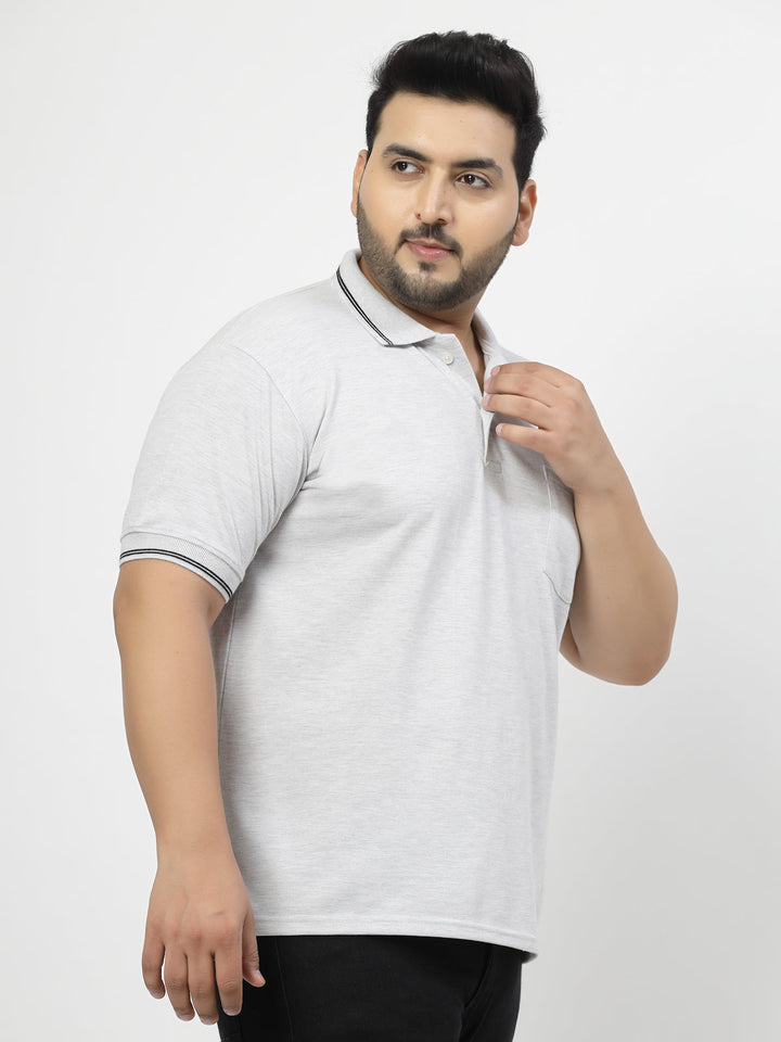 Plus Size Men Grey Solid Polo Collar Cotton T-shirt