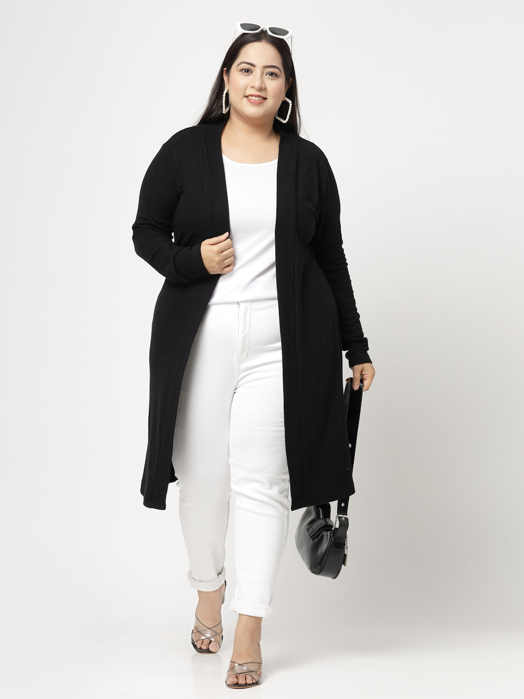 Black Cotton Open Front Longline Shrug