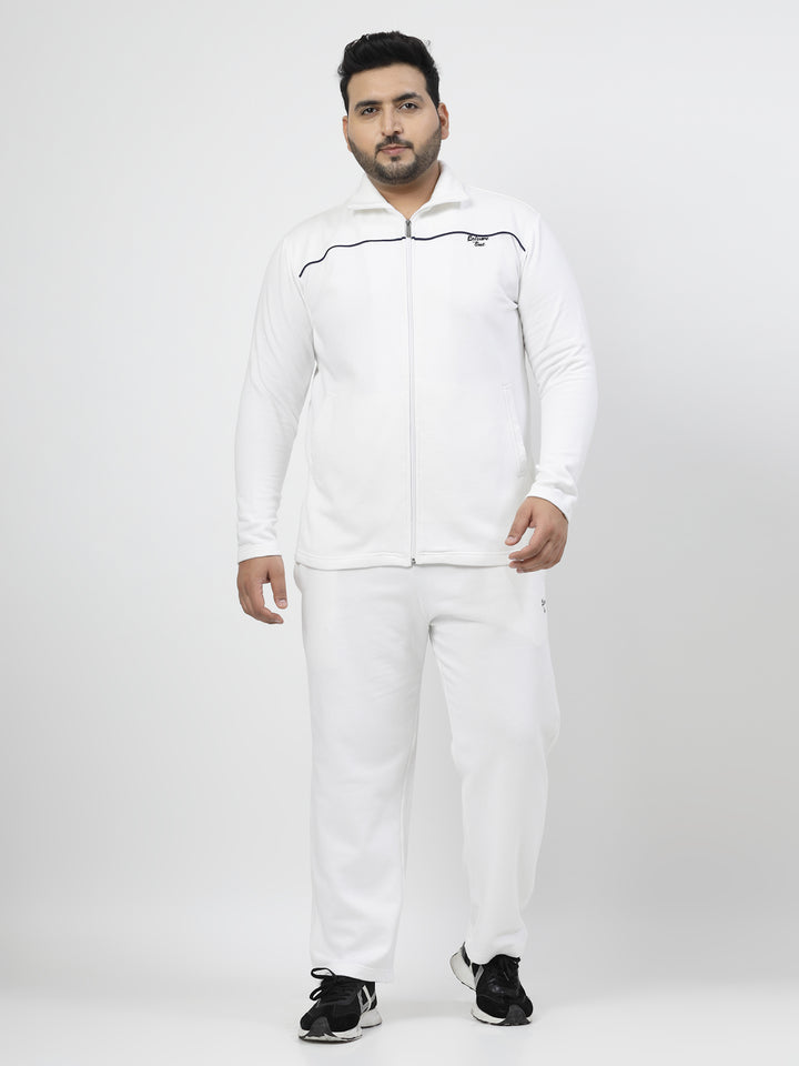 White Mock Collar Long Sleeves Fleece Tracksuit