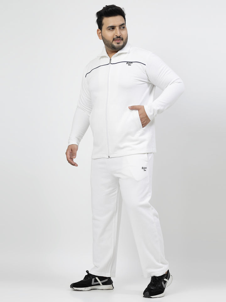 White Mock Collar Long Sleeves Fleece Tracksuit