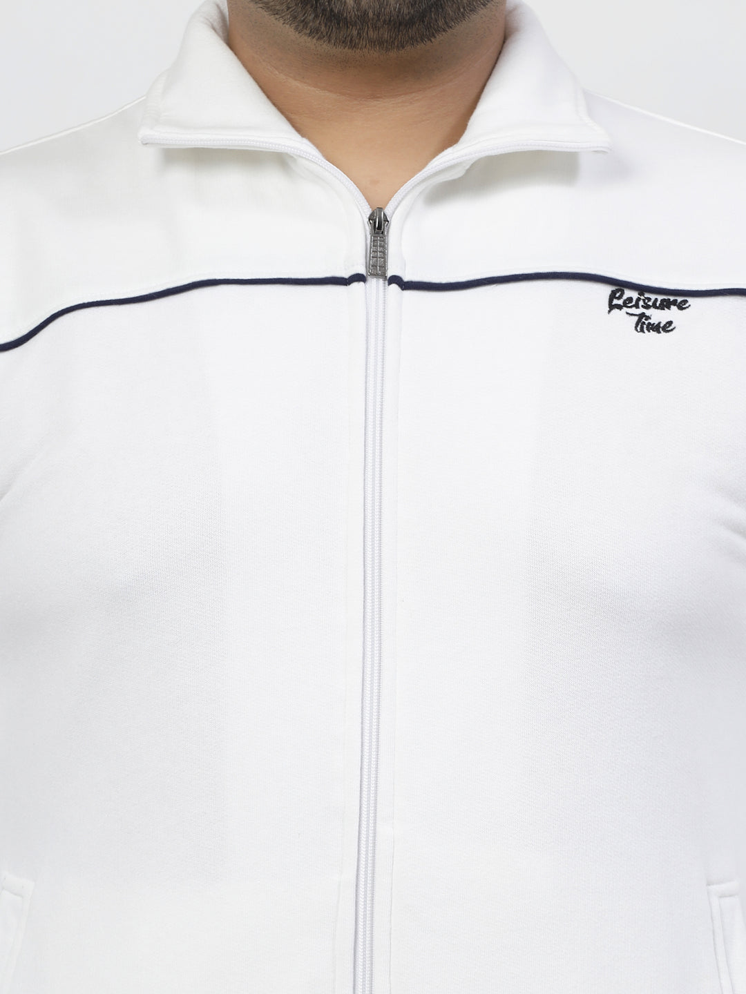 White Mock Collar Long Sleeves Fleece Tracksuit