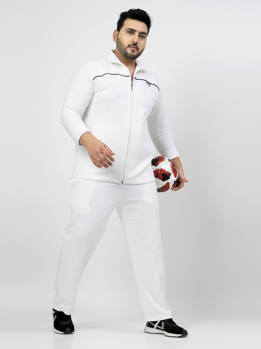 White Mock Collar Long Sleeves Fleece Tracksuit