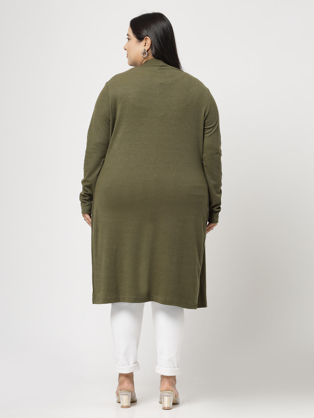 Olive Green Cotton Open Front Longline Shrug