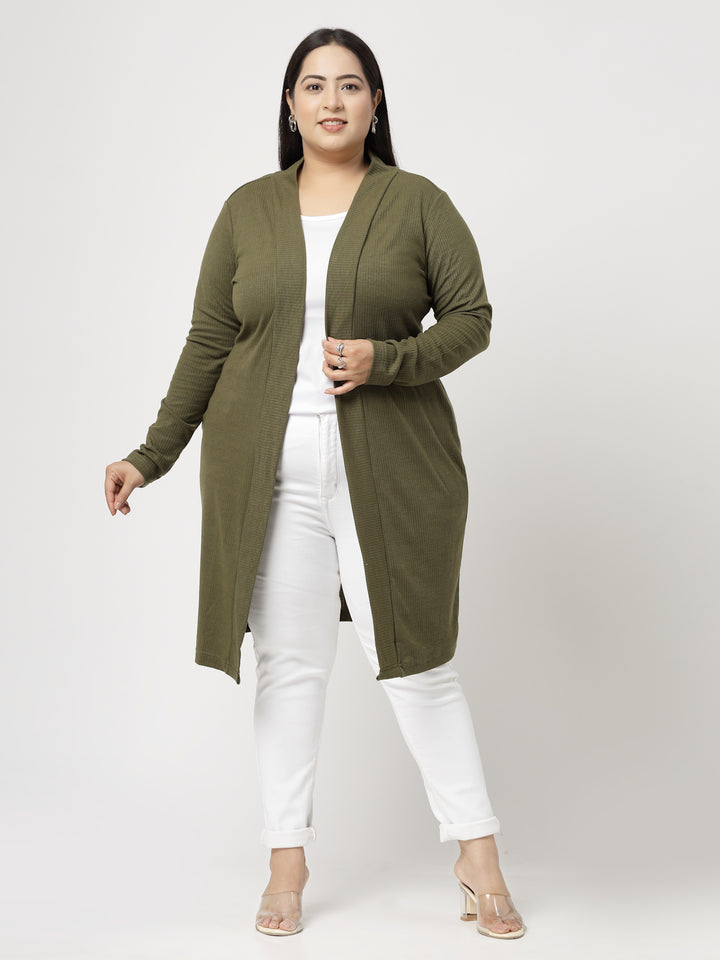 Olive Green Cotton Open Front Longline Shrug