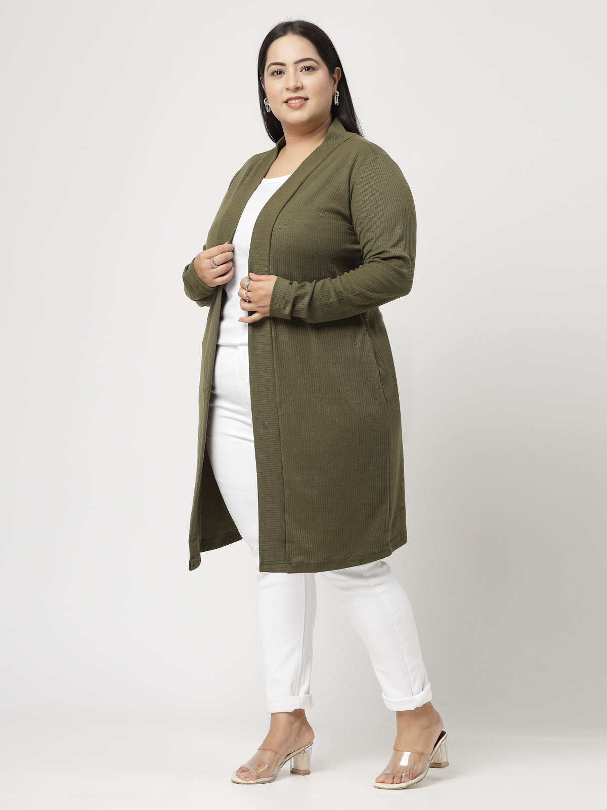 Plus Size Olive Green Cotton Open Front Longline Shrug