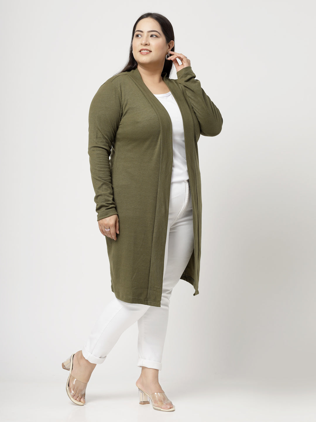 Olive Green Cotton Open Front Longline Shrug