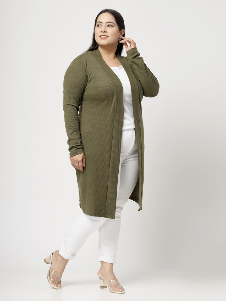 Olive Green Cotton Open Front Longline Shrug