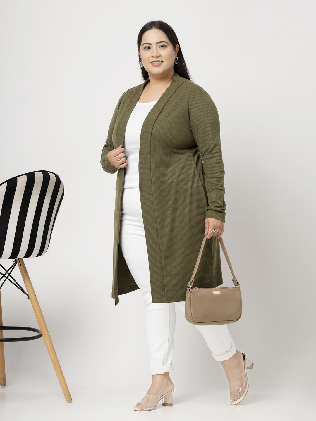 Olive Green Cotton Open Front Longline Shrug