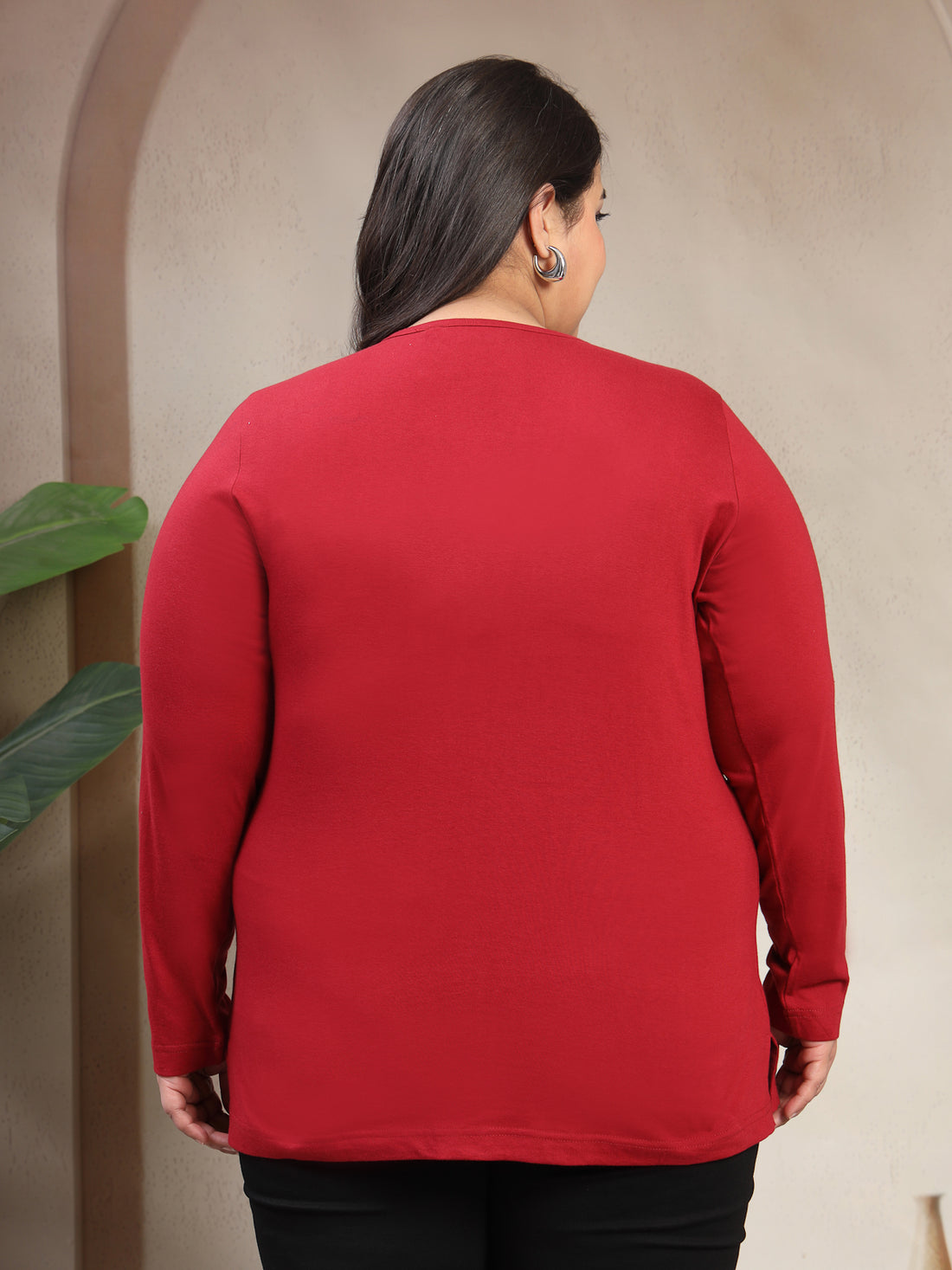 Plus Size Women Red Round Neck Cotton T-shirt