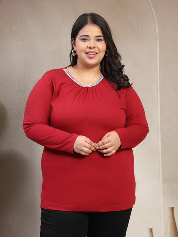 Plus Size Women Red Round Neck Cotton T-shirt
