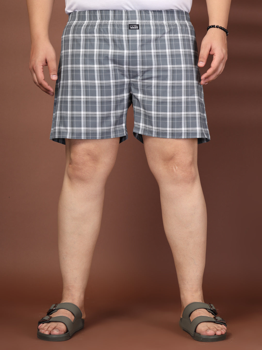 Plus Size Checked Cotton Mid-Rise Boxers