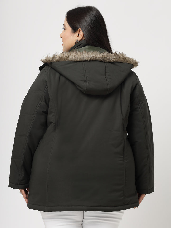 Olive Longline Faux Fur Trim Parka Jacket